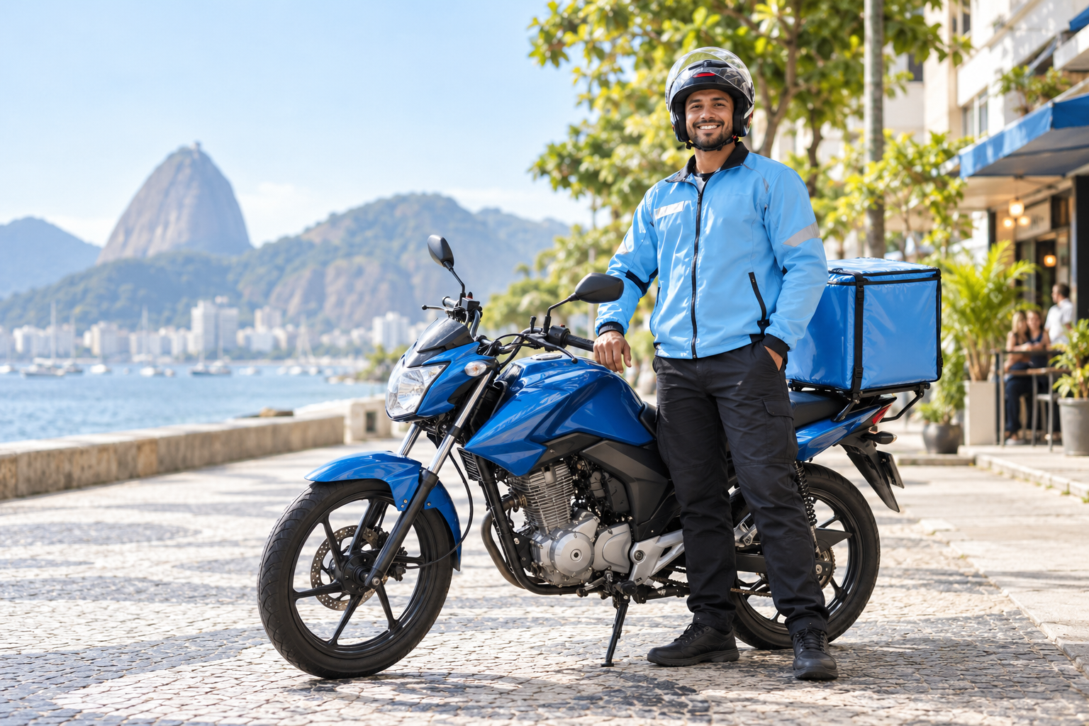 Entregador com uniforme azul e moto